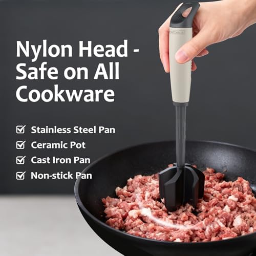 Ourokhome Meat Chopper and Potato Masher, Heat Resistant Nylon Ground Beef Smasher for Hamburger, 5 Curved Blades Nonstick Safe Mixer & Stirrer, Practical Kitchen Gadgets, Almond - Image 2