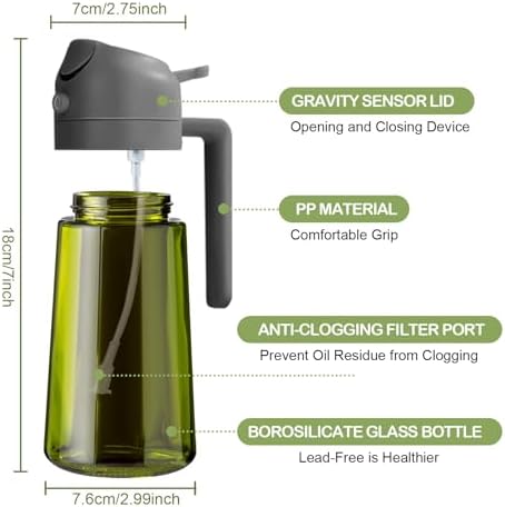 YARRAMATE 16oz/470ml Dark Green Oil Sprayer for Cooking with Stickers, Food-grade Premium 2 in 1 Olive Oil Dispenser Bottle for Kitchen Gadgets, Air Fryer, Salad, Frying, BBQ (Grey) - Image 3