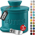 Priority Chef Butter Crock with Lid for Countertop with Spreader Knife and Water Line, Soft Spreadable Butter, Ceramic French Butter Dish with Lid, Teal Blue by PriorityChef