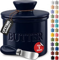 Priority Chef Butter Crock with Lid for Countertop with Spreader Knife and Water Line, Soft Spreadable Butter, Ceramic French Butter Dish with Lid, Dark Navy by PriorityChef