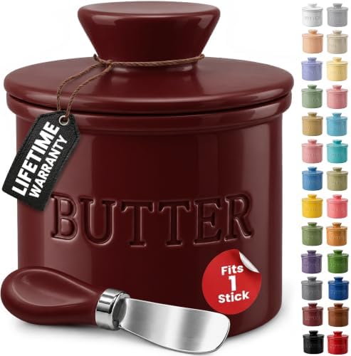 Priority Chef Butter Crock with Lid for Countertop with Spreader Knife and Water Line, Soft Spreadable Butter, Ceramic French Butter Dish with Lid, Maroon by PriorityChef