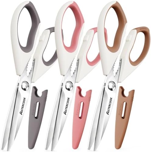 Astercook Kitchen Scissors, 3-Pack Heavy Duty Kitchen Shears with Stainless Steel Blades for Meat, Poultry, Herbs, Vegetables and Packaging, Dishwasher Safe by Astercook