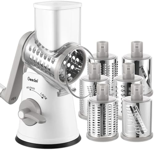 Geedel Rotary Cheese Grater Vegetable Shredder With 6 Interchangeable Blades No Slip Suction Base, Mandoline Slicer & Food Chopper for Cheese, Ice, Nuts, Vegetables, Veggie by Geedel