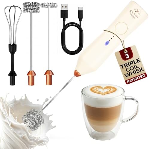 Zulay Kitchen Rechargeable Milk Frother Handheld - Frother Wand, Drink Mixer, Electric Whisk Frother, for Cappuccinos, Matcha & Protein Powder - Dynamic 3 Whisk, 3 Speed 500mAh Cream Gold by ZulayKitchen