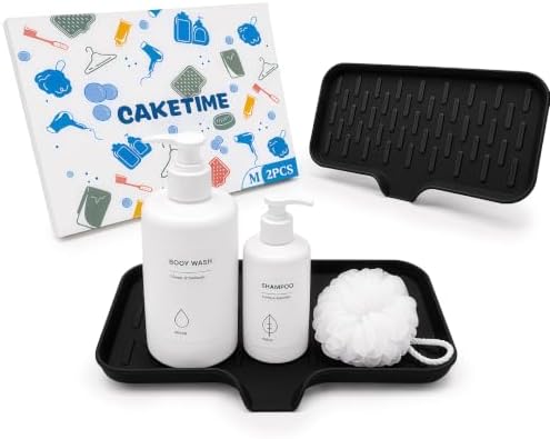 CAKETIME 2 Pack Silicone Soap Dish with Drain Spout for Bathroom Shower Caddy Kitchen Counter Sponge Holder Bar Sink Organizer Gadgets Gears Items Self Draining Jabonera Stuff Black Medium by CAKETIME