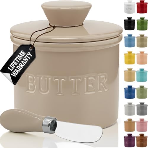 Priority Chef Large Butter Crock with Lid with Water Line, Ceramic French Butter Dish to Leave On Counter, Latte by PriorityChef