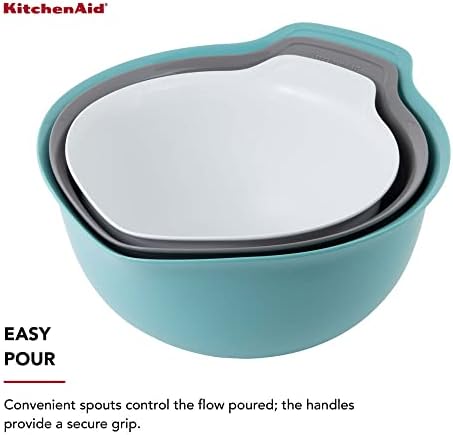 KitchenAid Universal Nesting Plastic Mixing Bowls, Set Of 3, 2.5 quart, 3.5 quart, 4.5 quart, Non Slip Base with Easy Pour Spout to Reduce Mess, Dishwasher Safe, Aqua Sky, White, Gray - Image 4