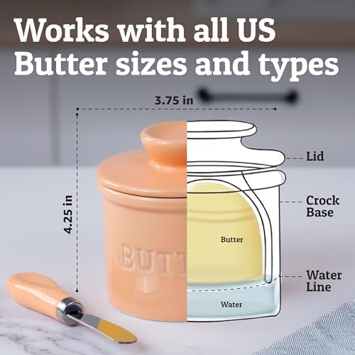 Priority Chef Butter Crock with Lid for Countertop with Spreader Knife and Water Line, Soft Spreadable Butter, Ceramic French Butter Dish with Lid, Peach - Image 4