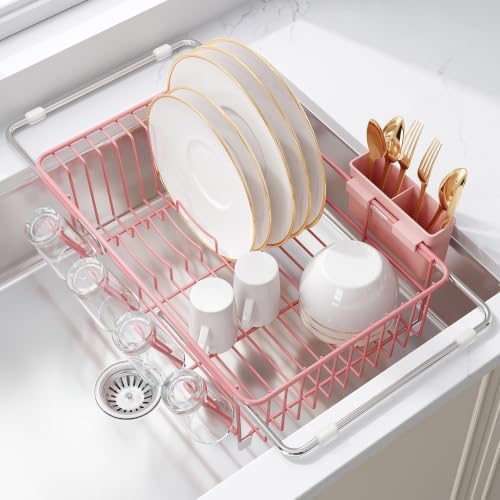 JASIWAY Pink Dish Drying Rack in Sink, Dish Drainer with Utensil Holder by JASIWAY