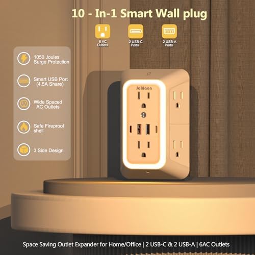 Wall Outlet Extender with Night Light, Power Plug Adapter Multi Plug Outlet Surge Protector with 4 USB Charging Ports (2 USB C), Adapter Spaced Outlets for Home Travel Office-ETL - Image 2