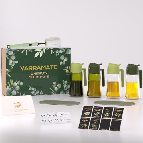YARRAMATE Olive Oil Dispenser, 2 in 1 Oil Sprayer for Cooking, 17oz/500ml Glass Oil Spray Bottle with Pourer, Food-grade Oil Dispenser and Oil Sprayer for Kitchen, Salad, Frying (25_4pcs greenset) by YARRAMATE