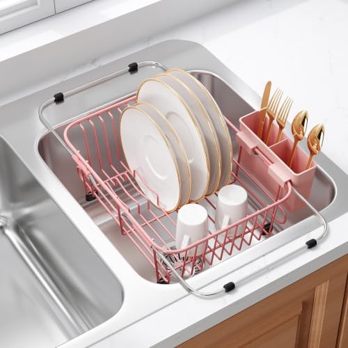 JASIWAY Pink Dish Drying Rack in Sink with Utensil Holder, RV, Apartment by JASIWAY
