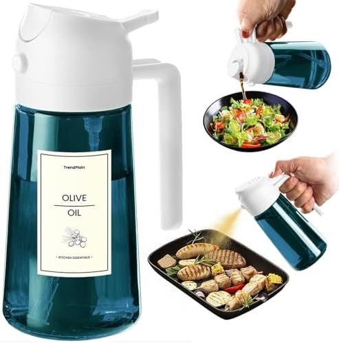 TrendPlain 16oz/470ml Blue Glass Olive Oil Sprayer for Cooking - 2 in 1 Olive Oil Dispenser for Kitchen Gadgets, Air Fryer, Salad, and BBQ - White by TrendPlain