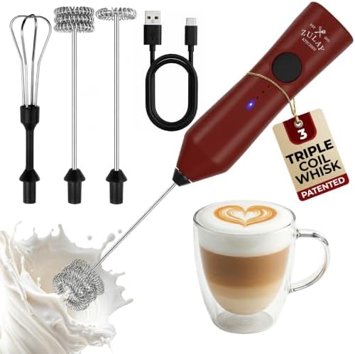 Zulay Kitchen Rechargeable Milk Frother Handheld - Frother Wand, Drink Mixer, Electric Whisk Frother, for Cappuccinos, Matcha & Protein Powder - Dynamic 3 Whisk, 3 Speed 500mAh Red Black by ZulayKitchen