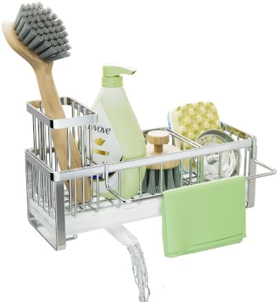 SWTYMIKI Sponge Holder for Kitchen Sink - Sink Caddy with Brush Holder Self-draining Sponge Caddy Organizer with Divider Stainless Steel Kitchen Accessories Storage for Countertop, Silver - Image 4