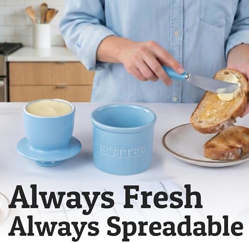 Priority Chef Butter Crock with Lid for Countertop with Spreader Knife and Water Line, Soft Spreadable Butter, Ceramic French Butter Dish with Lid, Light Blue - Image 2