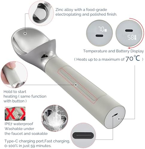 Heated Ice Cream Scoop Rechargeable, Electric Warming Ice Cream Scooper with LED Display, Heats to 158°F for Hard Ice Cream, Easy for Seniors & Kids, IP67 Waterproof (Grey, 2 oz) - Image 3