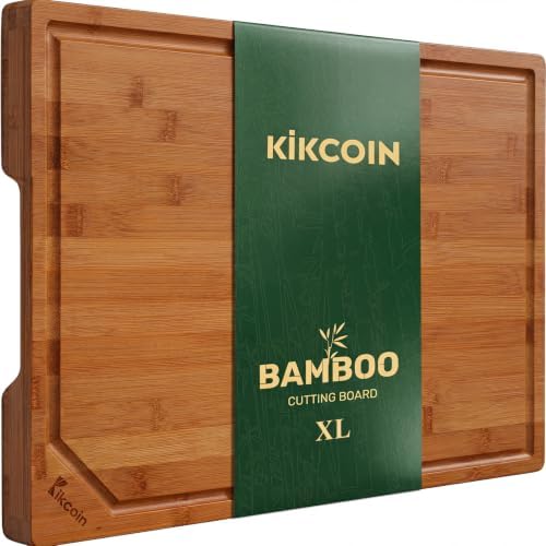 Kikcoin 17”×11” Deep-Carbonized Bamboo Cutting Boards for Kitchen, Healthy Wooden Cutting Boards for Kitchen, Charcuterie, Vegetables, Extra Large Chopping Boards with Deep Juice Groove and Handle by Kikcoin