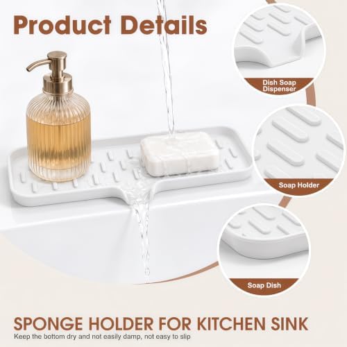 CAKETIME 2 Pack Silicone Soap Dish with Drain Spout for Bathroom Shower Caddy Kitchen Counter Sponge Holder Saver Tray Sink Drying Accessories Office Generic Items Jabonera Women Gifts White Large - Image 2