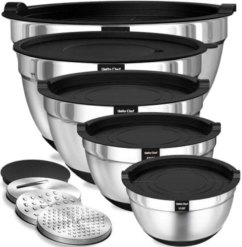 Umite Chef Mixing Bowls with Airtight Lids Set, 8PCS Stainless Steel Nesting Bowls Set, 3 Grater Attachments & Non-Slip Bottoms, Size 5, 4, 3.5, 2, 1.5QT for Baking & Mixing(Black) by UmiteChef