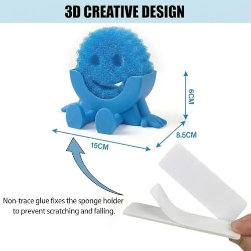 Creative Drainage Sponge Holder: Traceless Glue, 3D Printed Funny Kitchen Sink Holder, Keeps Sponge Dry – for Scrub Daddy (1, Blue) - Image 3
