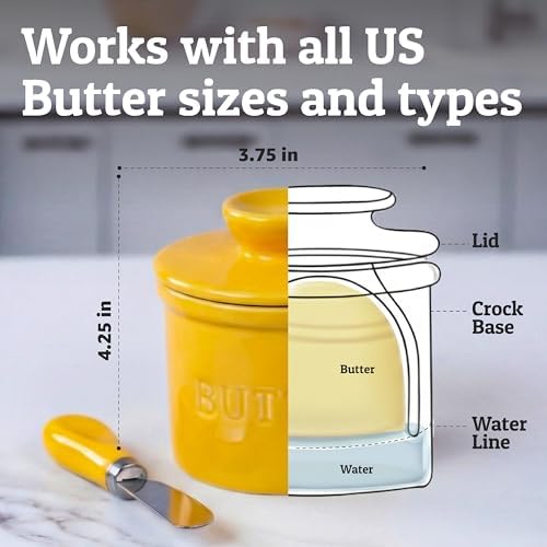 Priority Chef Butter Crock with Lid for Countertop with Spreader Knife and Water Line, Soft Spreadable Butter, Ceramic French Butter Dish with Lid, Yellow - Image 3