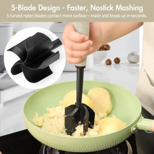 Ourokhome Meat Chopper and Potato Masher, Heat Resistant Nylon Ground Beef Smasher for Hamburger, 5 Curved Blades Nonstick Safe Mixer & Stirrer, Practical Kitchen Gadgets, Almond - Image 4