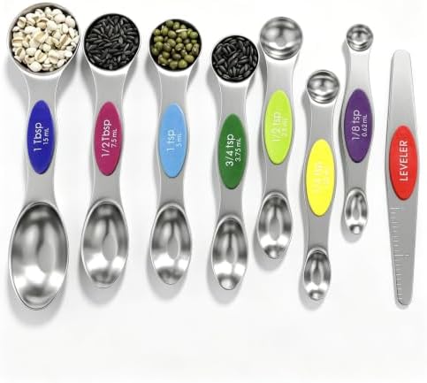 Magnetic Measuring Spoons Set Stainless Steel with Leveler, 8pcs Multicolors Measuring Cups Set for Baking, Measuring Cups and Spoon Set Kitchen Gadgets Apartment Essentials Fits in Spice Jars by BIDFUL