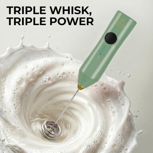 Zulay Kitchen Rechargeable Milk Frother Handheld - Frother Wand, Drink Mixer, Electric Whisk Frother, for Cappuccinos, Matcha & Protein Powder - Dynamic Triple Whisk, 3 Speed 500mAh Forrest Green Gold - Image 2