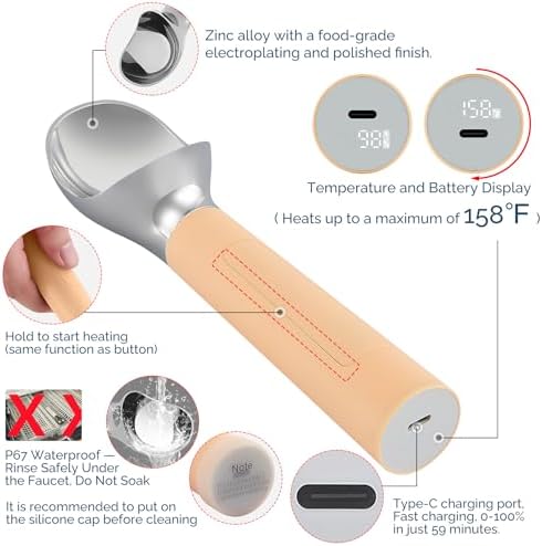 Heated Ice Cream Scoop Rechargeable, Electric Warming Ice Cream Scooper with LED Display, Heats to 158°F for Hard Ice Cream, Easy for Seniors & Kids, IP67 Waterproof (Butter Yellow, 2oz) - Image 3