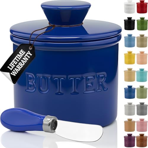 Priority Chef Large Butter Crock with Lid with Water Line, Ceramic French Butter Dish to Leave On Counter, Dark Blue by PriorityChef