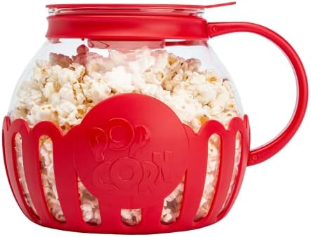 Ecolution Patented Micro-Pop Microwave Popcorn Popper with Temperature Safe Glass, 3-in-1 Lid Measures Kernels and Melts Butter, Made Without BPA, Dishwasher Safe, 3-Quart, Red by Ecolution