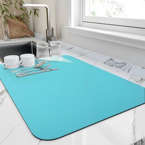 HotLive Dish Drying Mat for Kitchen Counter, Heat Resistant Drainer Mats with Non-slip Rubber Backed, Hide Stain Kitchen Super Absorbent Draining Mat, Easy to Clean Dish Rack Pad, Teal 16"x18" by HotLive