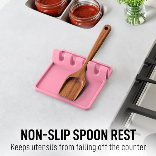 Zulay Kitchen Silicone Utensil Rest with Drip Pad for Multiple Utensils - BPA-Free, Heat-Resistant Spoon Rest & Spoon Holder for Stove Top - Kitchen Utensil Holder for Ladles & Tongs - Pink - Image 5