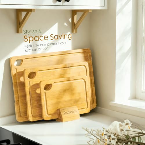 Astercook Nature Bamboo Cutting Boards for Kitchen with Wood Storage Stand, Reversible Charcuterie & Chopping Boards with Juice Grooves and Easy-Grip Handles - Image 4