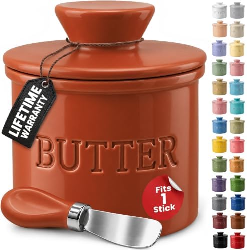 Priority Chef Butter Crock with Lid for Countertop with Spreader Knife and Water Line, Soft Spreadable Butter, Ceramic French Butter Dish with Lid, Rust by PriorityChef
