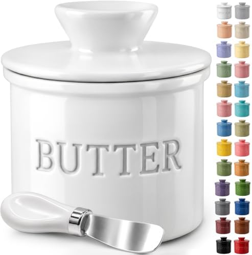 Priority Chef Large Butter Crock with Lid with Water Line, Ceramic French Butter Dish to Leave On Counter, Holds 2 Sticks, White by PriorityChef
