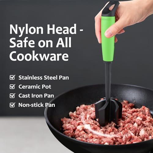 Ourokhome Meat Chopper and Potato Masher, Heat Resistant Nylon Ground Beef Smasher for Hamburger, 5 Curved Blades Nonstick Safe Mixer & Stirrer, Practical Kitchen Gadgets, Green - Image 2