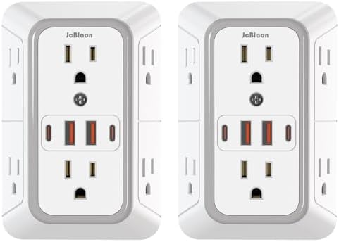 2 Pack Outlet Extender Surge Protector, 6 Outlet Splitter with 4 USB Outlet (2 USB A,2 USB C), 3Sided Power Strip with Adapter Spaced Outlets for Home, Office, Travel(White)-ETL by JcBlaon