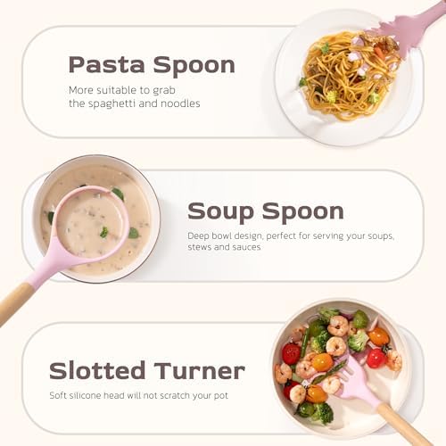 Astercook Kitchen Utensils set, 39 PCS Silicone Cooking Utensils Set with Wooden Handle, 446°F Heat Resistant Food Grade Utensil Sets, BPA Free Kitchen Gadgets Tools Set for Nonstick Cookware (Pink) - Image 6