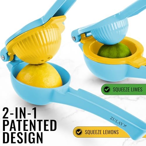 Zulay Metal 2-In-1 Lemon Squeezer Manual - Sturdy, Max Extraction Hand Juicer Lemon Squeezer Gets Every Last Drop - Easy to Clean Manual Citrus Juicer - Easy-to-Use Lemon Juicer Squeezer - Blue/Yellow - Image 2