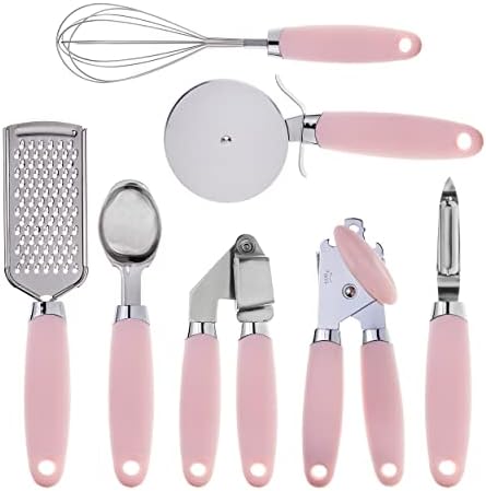 COOK WITH COLOR Kitchen Gadget Set Stainless Steel Utensils with Soft Touch Handles, 7 Pieces, Stainless Steel Pink by CookwithColor