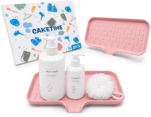 CAKETIME 2 Pack Silicone Soap Dish with Drain Spout for Bathroom Shower Caddy Kitchen Counter Sponge Holder Bar Sink Organizer Tray Container Drying Toiletries Essentials Cute Girl Pink Gifts Medium by CAKETIME