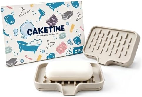 CAKETIME 2 Pack Silicone Soap Dish with Drainage Holes for Bathroom Shower Caddy Kitchen Counter in-Sink Sponge Holder Dispenser Countertop Accessories Home Practical Daily Household Stuff Beige by CAKETIME