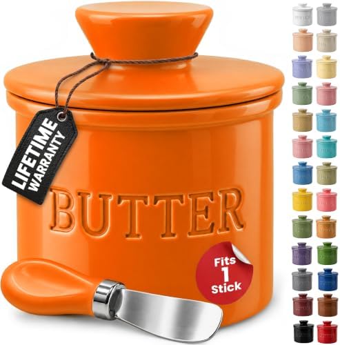 Priority Chef Butter Crock with Lid for Countertop with Spreader Knife and Water Line, Soft Spreadable Butter, Ceramic French Butter Dish with Lid, Orange Clown Fish by PriorityChef