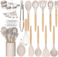 Umite Chef Kitchen Cooking Utensils Set, 33 pcs Non-Stick Silicone Cooking Kitchen Utensils Spatula Set with Holder, Wooden Handle Silicone Kitchen Gadgets Utensil Set (Khaki) by UmiteChef