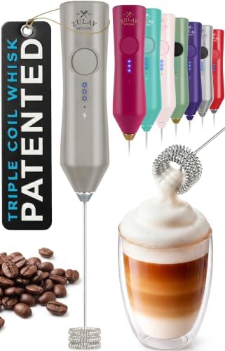 Zulay Kitchen Rechargeable Milk Frother Handheld - Frother Wand, Drink Mixer, Electric Whisk Frother, for Cappuccinos, Matcha & Protein Powder - Dynamic Triple Whisk, 3 Speed 500mAh Light Gray by ZulayKitchen