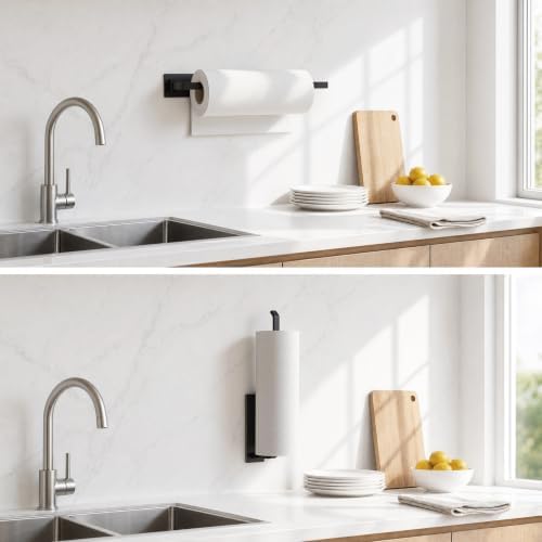 Paper Towel Holder Under Cabinet, Self-Adhesive or Drilling, Matte Black - Image 2