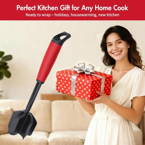 Ourokhome Meat Chopper and Potato Masher, Heat Resistant Nylon Ground Beef Smasher for Hamburger, 5 Curved Blades Nonstick Safe Mixer & Stirrer, Practical Kitchen Gadgets, Black Red - Image 6