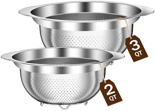 Stainless Steel Strainers for Kitchen, Stainless Steel Colander, Kitchen Strainer for Pasta Fruit Veggie Hot Food, 2 Pack Strainers and Colanders(2QT & 3QT), Dishwasher Safe, Silver by STOCKPOT
